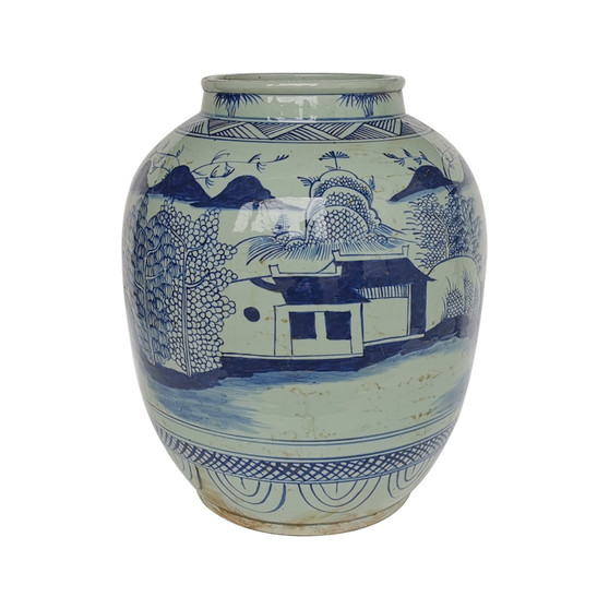 Blue And White Mountain Village Lantern Jar (1682A)