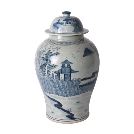 Blue And White Porcelain Temple Jar Pagoda Landscape Motif (1587)