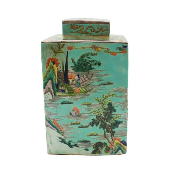 Green Square Tea Porcelain Jar Landscape Motif (1469)