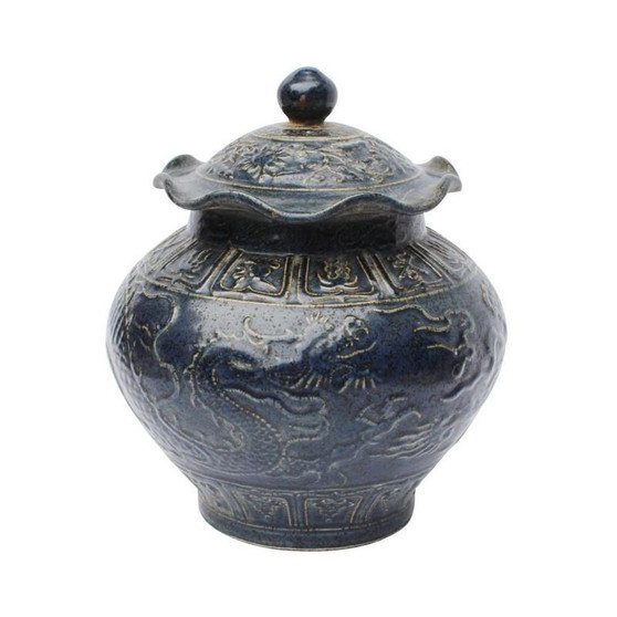 Carved Dragon Lotus Porcelain Jar Rust Charcoal (1444)