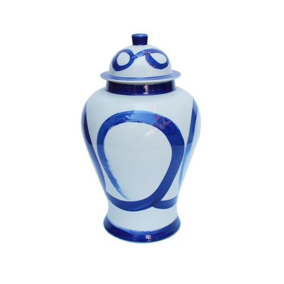 Blue & White Brushstroke Swirl Circle Temple Porcelain Jar Large (1353L)