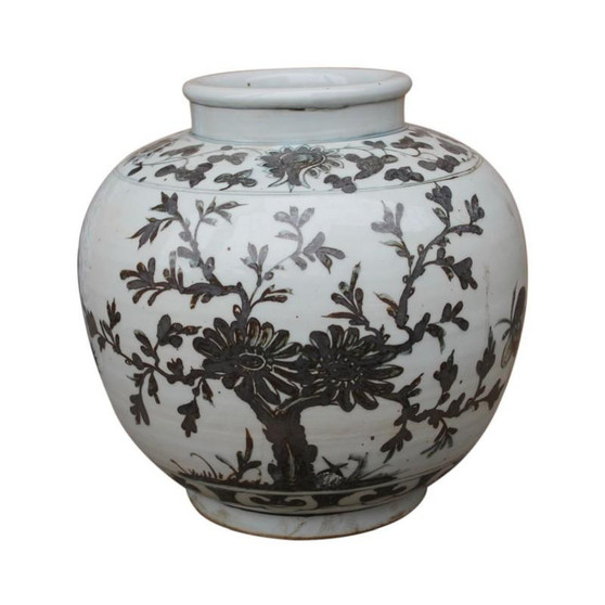 Blue & White Yuan Flower Bird Open Top Porcelain Jar (1268-BW)