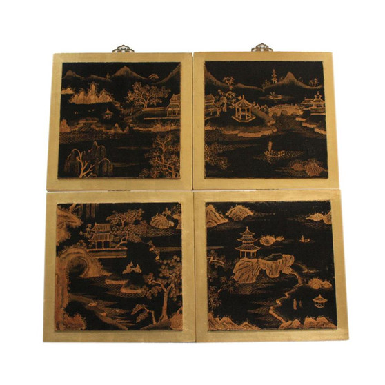 Black Gold Gilt Chinoiserie Wall Panel Set Of 4 (NM-02)