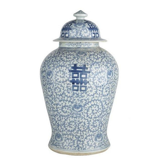 Blue & White Double Happiness Floral Temple Jar (1574)