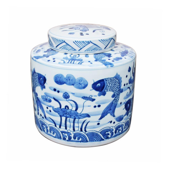 Blue & White Fish Cylinder Tea Jar (1178)