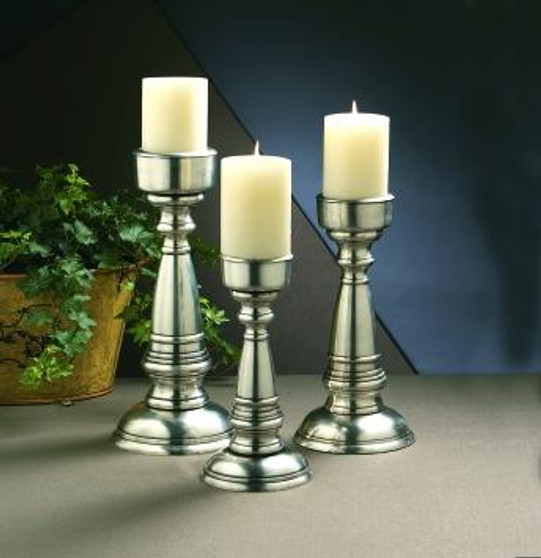 Antique Silver Pillar Brass Candle Holder (W452)