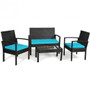 4 Piece Patio Rattan Furniture Set Cushioned Loveseat Armrest Garden-Turquoise (HW62367TU)