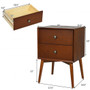 Nightstand Mid-Century End Side Table With 2 Drawers And Rubber Wood Legs-Brown (HW63167BN)