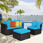 4 Piece Ottoman Garden Deck Patio Rattan Wicker Furniture Set Cushioned Sofa-Turquoise (HW66750TU+)