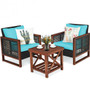 3 Piece Patio Wicker Furniture Sofa Set With Wooden Frame And Cushion-Turquoise (HW65227TU)