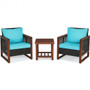 3 Piece Patio Wicker Furniture Sofa Set With Wooden Frame And Cushion-Turquoise (HW65227TU)