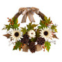 20" Autumn Sunflower, White Pumpkin And Dried Lotus Pod Artificial Fall Wreath With Decorative Bow (W1250)