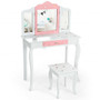 Kids Vanity Princess Makeup Dressing Table Chair Set With Tri-Folding Mirror-White (HW68464WH)