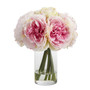 11" Peony Bouquet Artificial Arrangement In Glass Vase - Pink (A1429-PK)