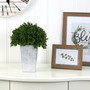 13" Boxwood Topiary Artificial Plant In Embossed White Planter UV Resistant (Indoor/Outdoor) (P1387)