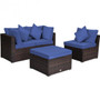 4 Pieces Ottoman Garden Patio Rattan Wicker Furniture Set With Cushion-Navy (HW66750ANY+)
