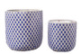 Ceramic Round Pot With Endless Diamond Symmetric Pattern And Crackled Design Body Set Of Two Gloss Finish Blue 55720
