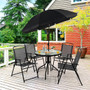 6 Pieces Patio Dining Set Folding Chairs Glass Table Tilt Umbrella For Garden-Black (NP10472GR)
