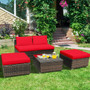 5Pcs Patio Rattan Wicker Furniture Set Armless Sofa Ottoman Cushioned-Red (HW66745REA+)