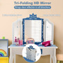 Princess Vanity Table And Chair Set With Tri-Folding Mirror And Snowflake Print-Blue (HY10069US-BL)