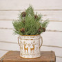 Distressed White Metal Bucket With Gold Embossed Reindeer & Snowflakes GMXF39602