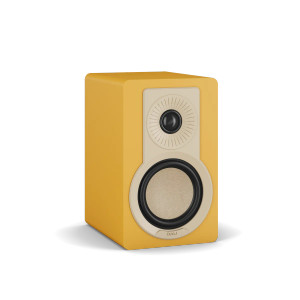Dali Kupid – Bookshelf Speaker (Priced Per Speaker, ONLY Available in Pairs) front angle, Golden Yellow (Vinyl)