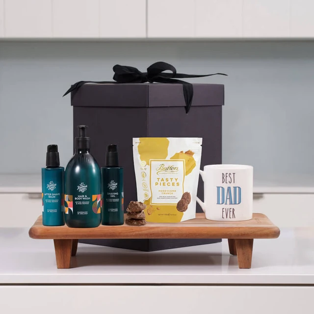 Father's Day Pamper Gift Box featuring luxury Irish treats, grooming essentials, and thoughtful gifts for dads, available at GiftsDirect