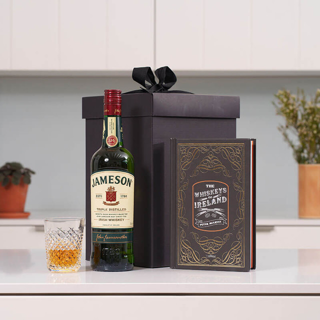 Whiskey Lovers Gift Box with Jameson Irish Whiskey, 'Whiskeys of Ireland' book, and luxury gift packaging—perfect for birthdays, Father’s Day, or connoisseur gifting.