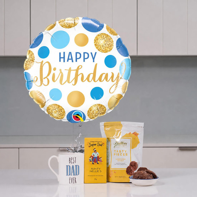 Happy Birthday Dad gift set with celebratory balloon, “Best Dad Ever” mug, protein chocolates, tasty treats, and chocolate plate — perfect birthday surprise for fathers.