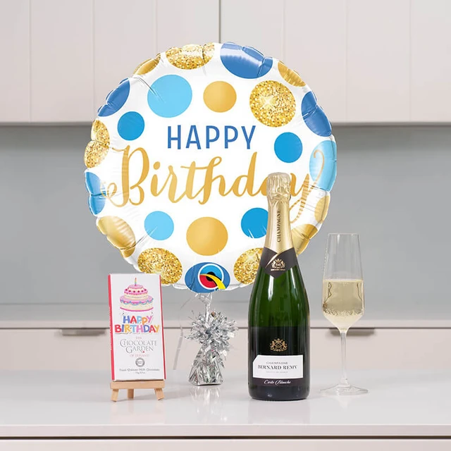 Birthday gift hamper for him with “Happy Birthday” balloon, Richmond House sparkling wine, chocolate collection, and celebratory decor – ideal for men’s birthday celebrations.