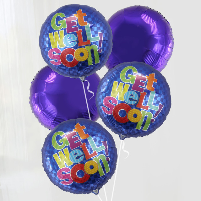 Get Well Soon balloon bouquet with colorful message balloons and solid purple accents – cheerful gift to uplift and support recovery.