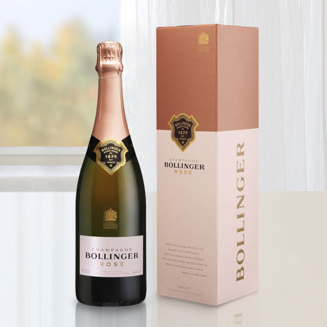 "Bollinger Special Cuvée Rosé Champagne with elegant pink foil and branded gift box—crafted from Pinot Noir, Chardonnay, and Meunier grapes. Ideal for romantic celebrations, luxury gifting, or festive toasts.
