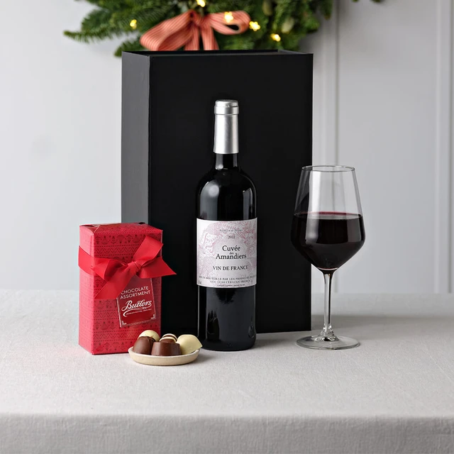 Red Wine and Chocolates gift box with premium red wine and Butlers Irish chocolates in a luxury Christmas gift from Gifts Direct