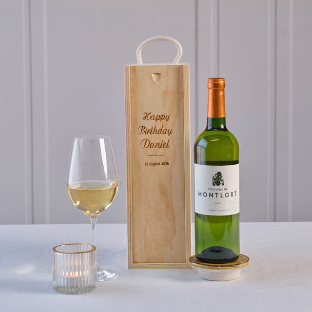 Happy Birthday White Wine in Personalised Wooden Gift Box gift set featuring premium white wine and a personalised engraved wooden keepsake box, beautifully presented with a wine glass and candle to create a thoughtful birthday gift for celebrating special occasions.