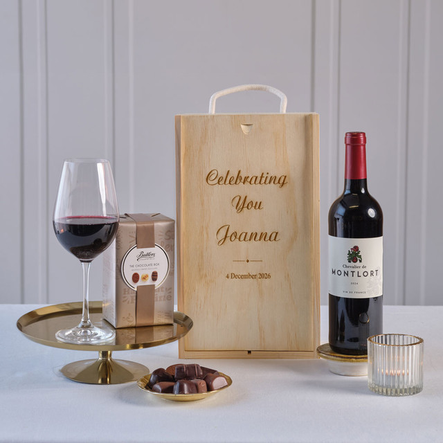 Celebrating You White Wine & Chocolates in Personalised Wooden Gift Box gift set featuring premium white wine, gourmet chocolates, and a personalised engraved wooden keepsake box, beautifully presented as a thoughtful gift for birthdays, milestones, thank you gifts, and special occasions.