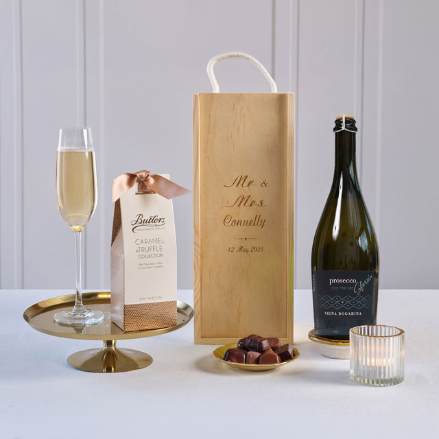 Mr & Mrs Prosecco & Chocolates in Personalised Wooden Box gift hamper featuring premium Prosecco, luxury chocolates, and a personalised engraved wooden keepsake box, ideal for weddings, engagements, anniversaries, and special celebrations.