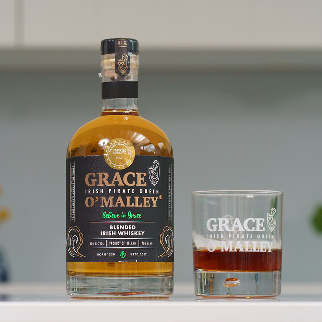 Grace O’Malley Blended Irish Whiskey gift set with branded whiskey glass — premium Irish whiskey gift for connoisseurs and collectors.