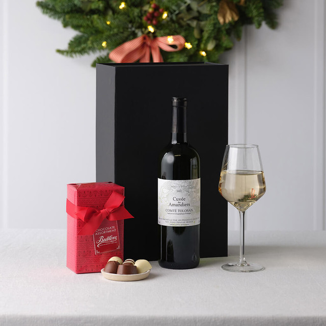 White Wine and Chocolates gift box with premium white wine and Butlers Irish chocolates in a luxury Christmas gift from Gifts Direct