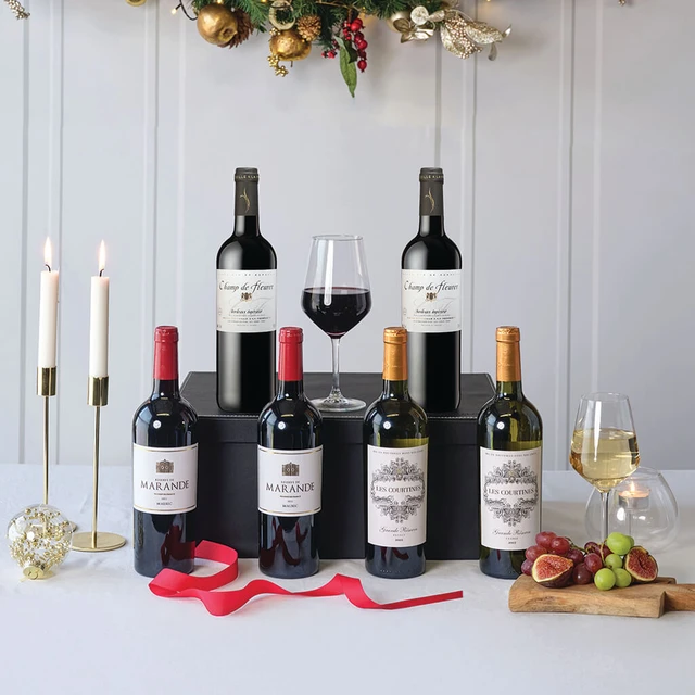 French Fine Wine Selection with six premium French red and white wines in an elegant wine gift presentation from Gifts Direct