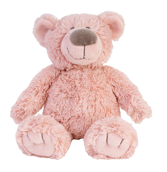 Bear Brim Teddy Pink 27cm plush toy with soft fluffy texture, gray nose, stitched paws, and upright sitting position – ideal cuddly gift for kids and collectors.
