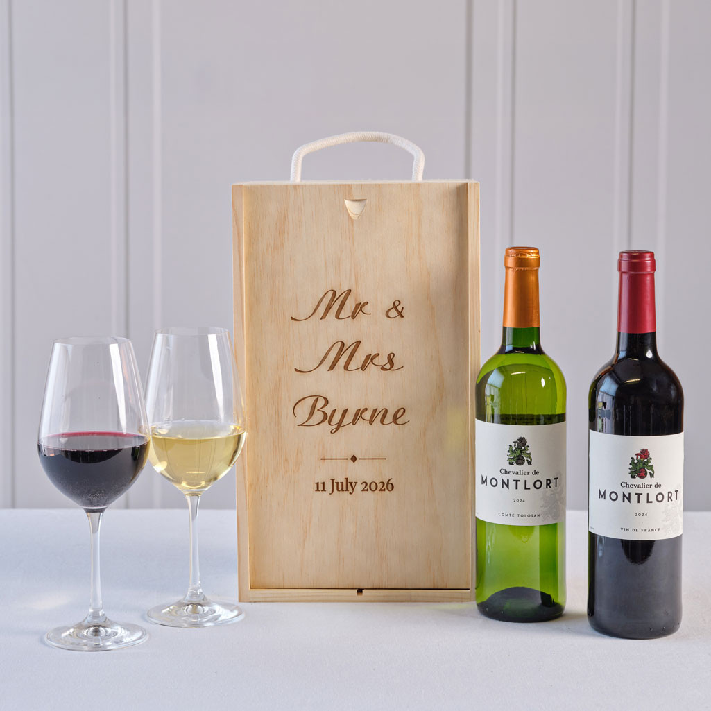Mr & Mrs Wine Duo with Personalised Wooden Gift Box