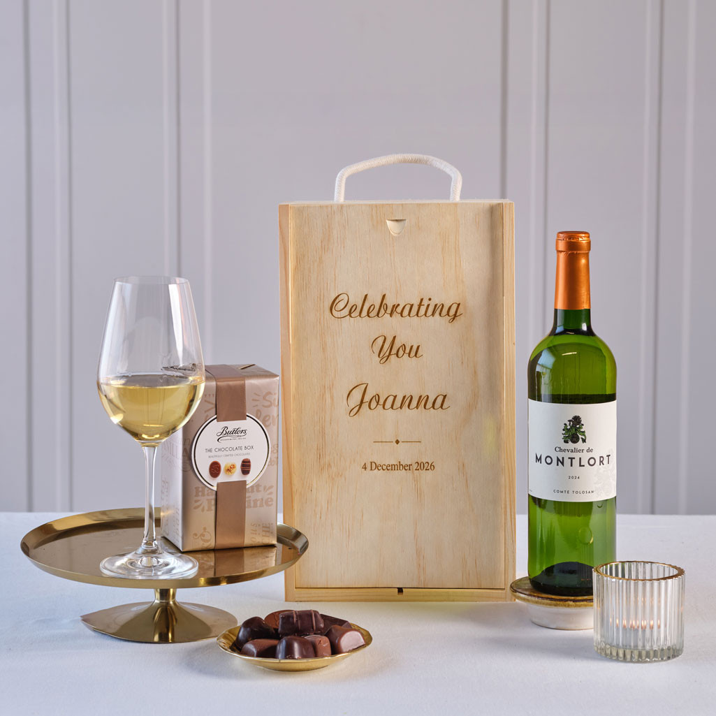Celebrating You White Wine & Chocolates with Personalised Wooden Gift Box