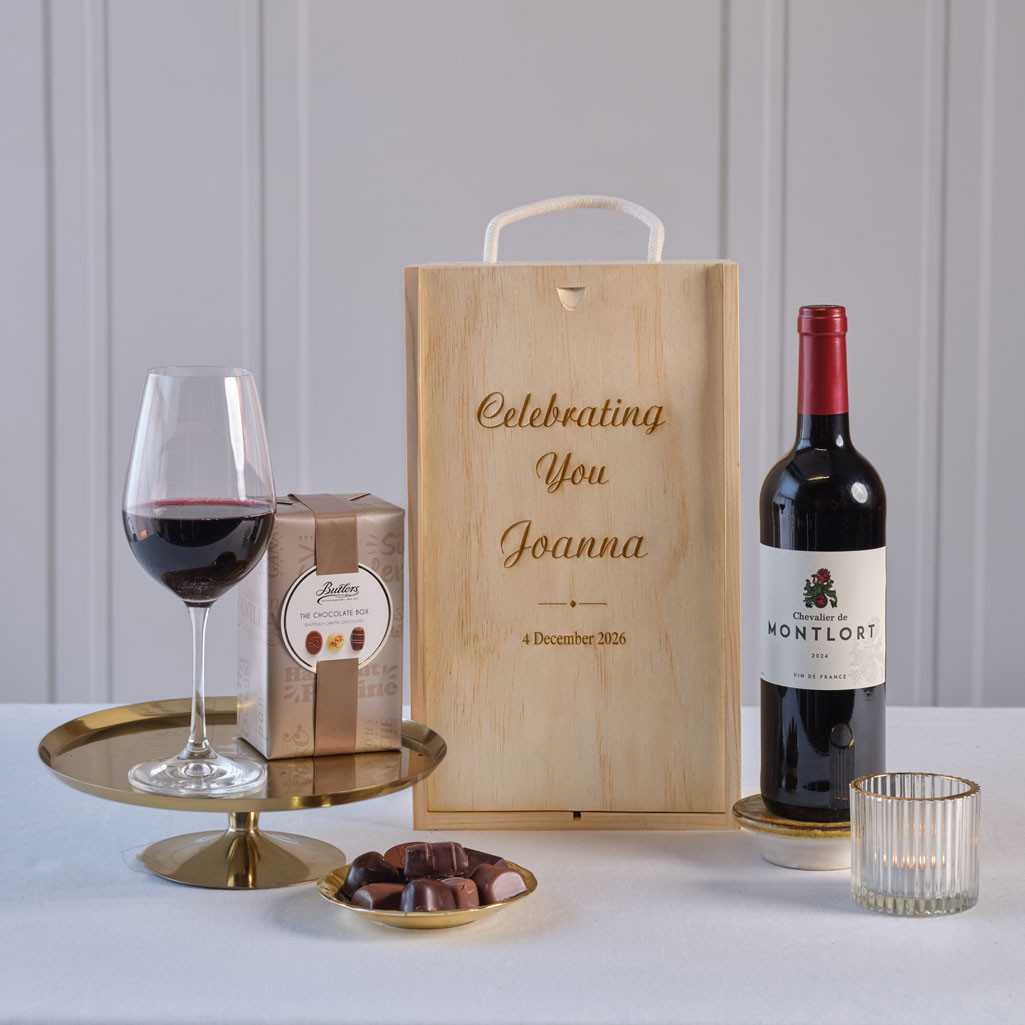 Celebrating You Red Wine & Chocolates with Personalised Wooden Gift Box