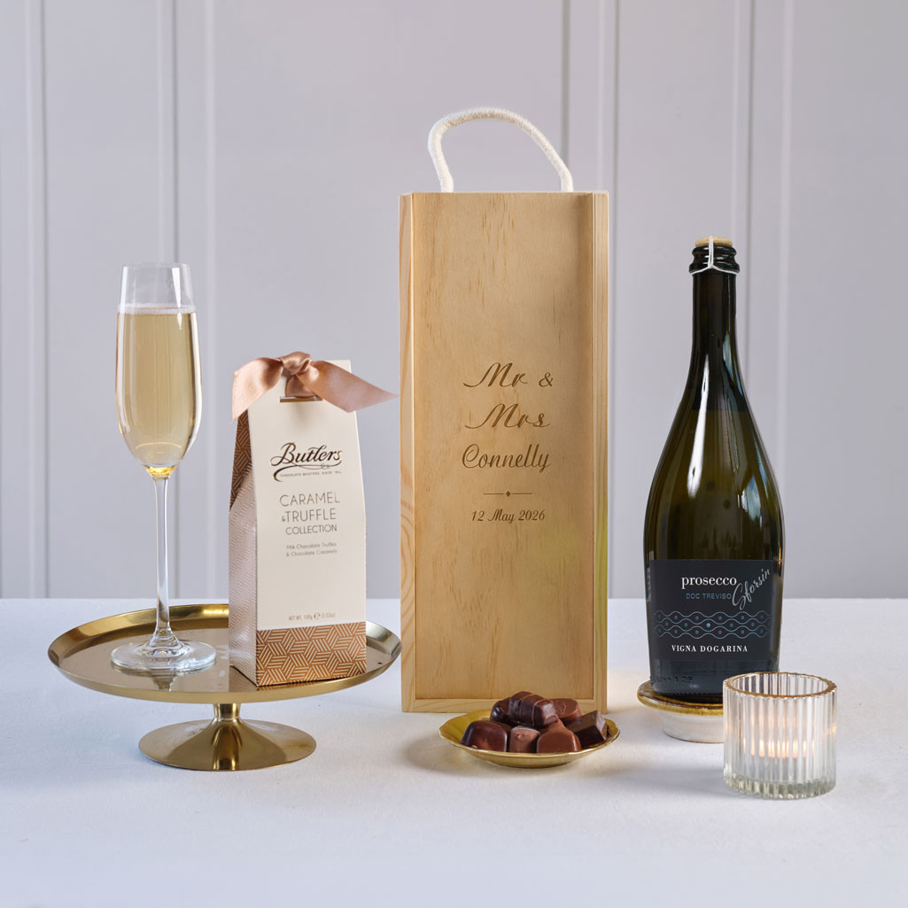 Mr & Mrs Prosecco & Chocs in Personalised Wooden Box