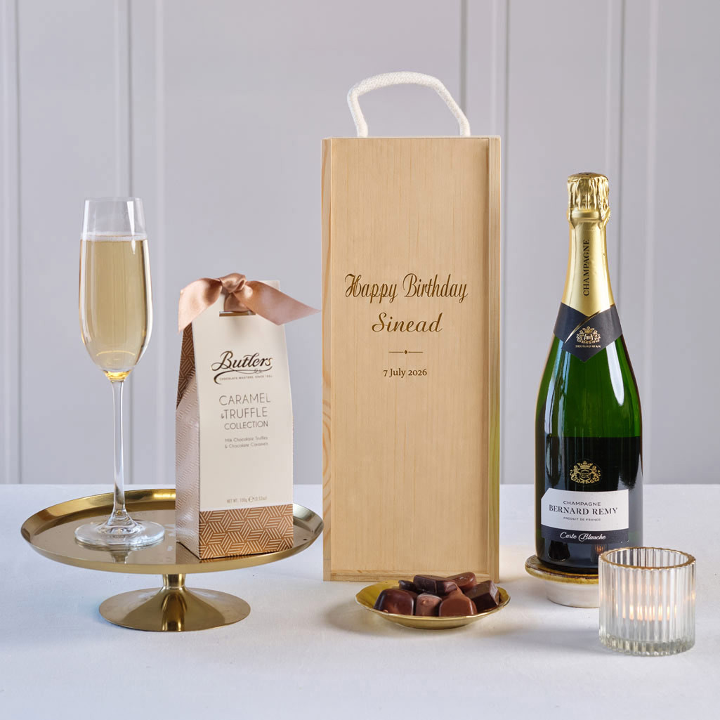 Happy Birthday Champagne & Chocs  in Personalised Wooden Box