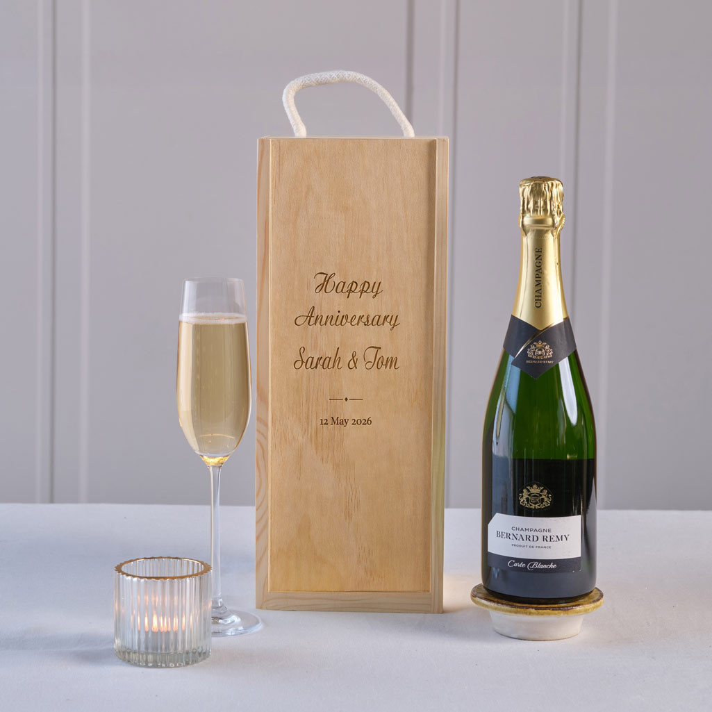 Happy Anniversary Champagne in Personalised Wooden Box