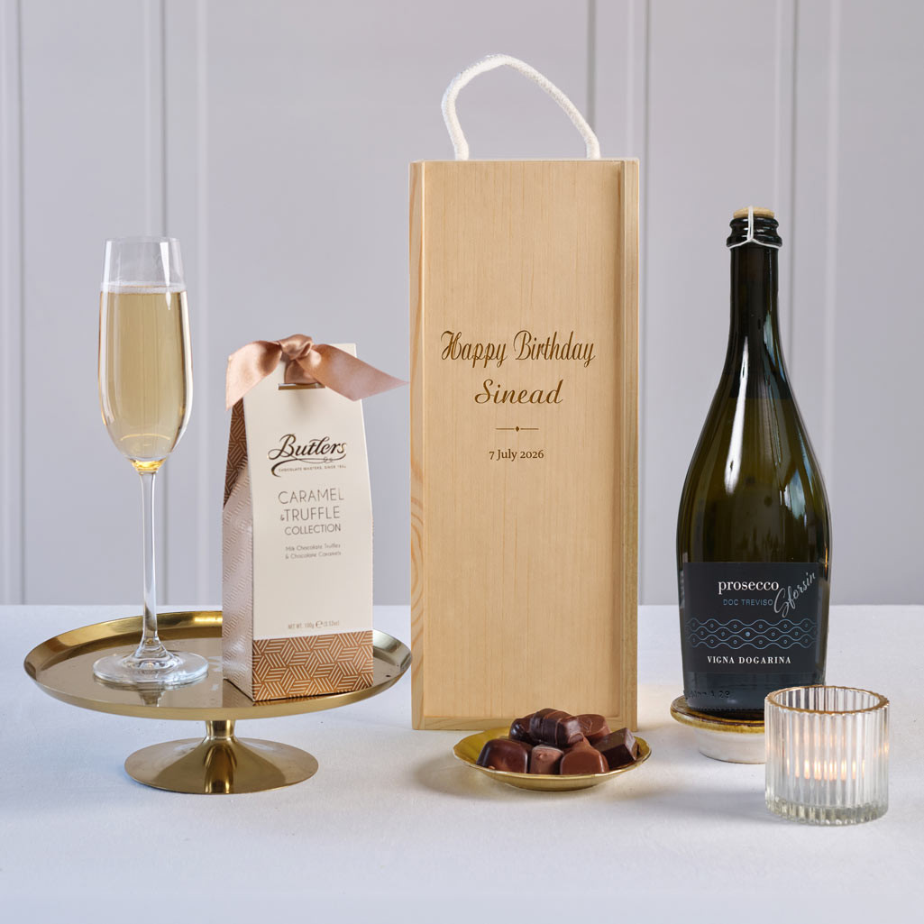 Happy Birthday Prosecco & Chocs in Personalised Wooden Box