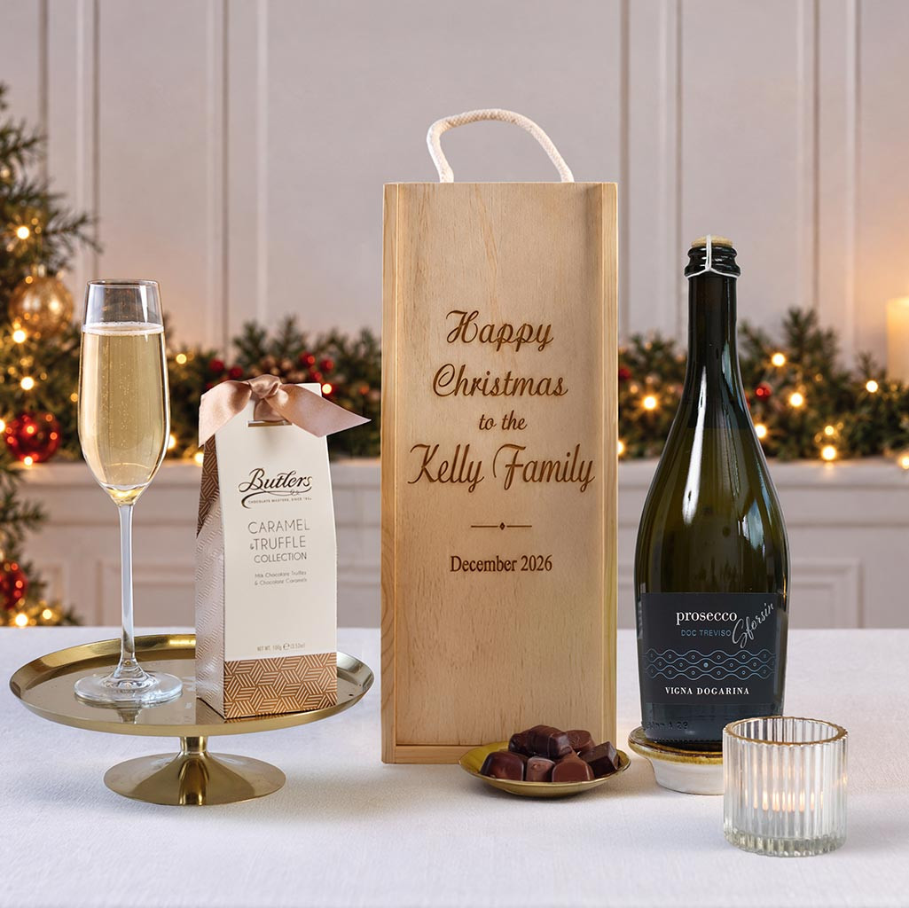 Happy Christmas Prosecco & Chocolates in Personalised Wooden Box