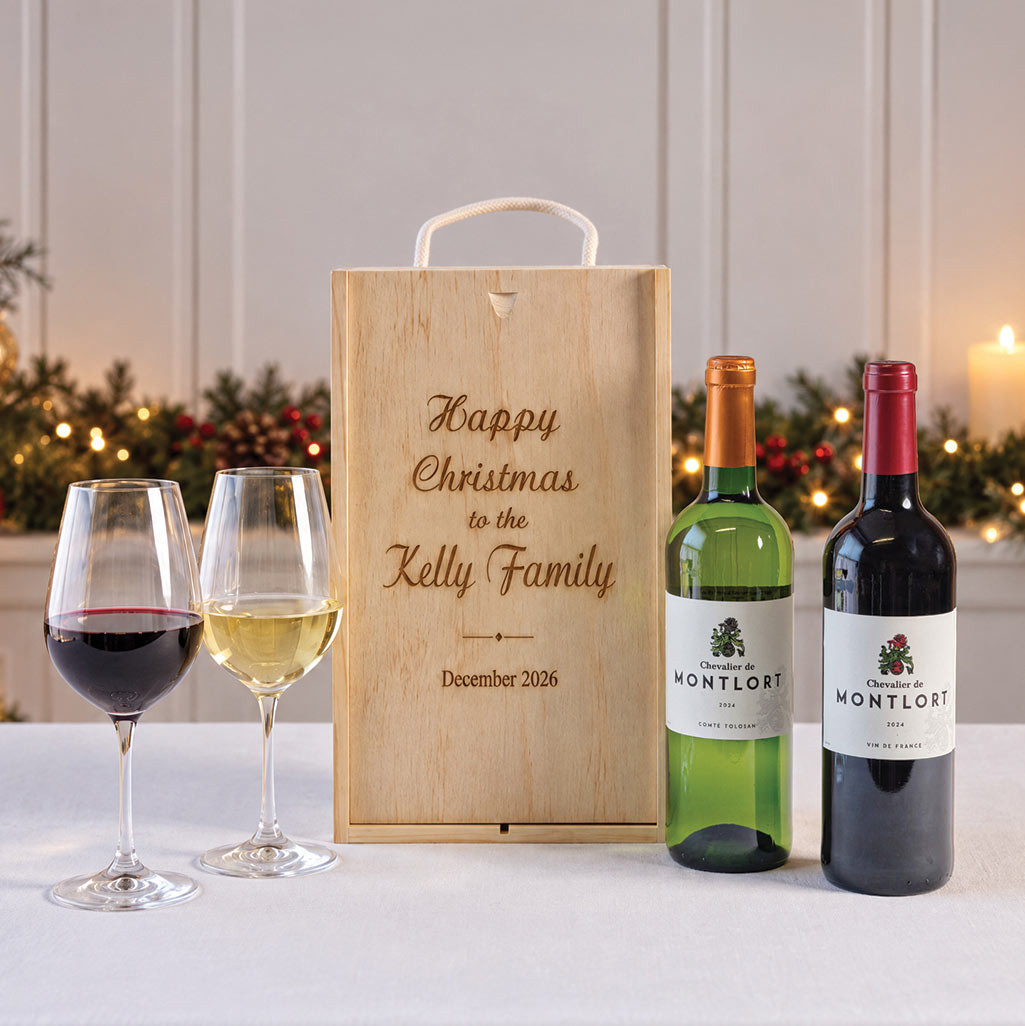 Happy Christmas Wine Duo in Personalised Wooden Gift Box
