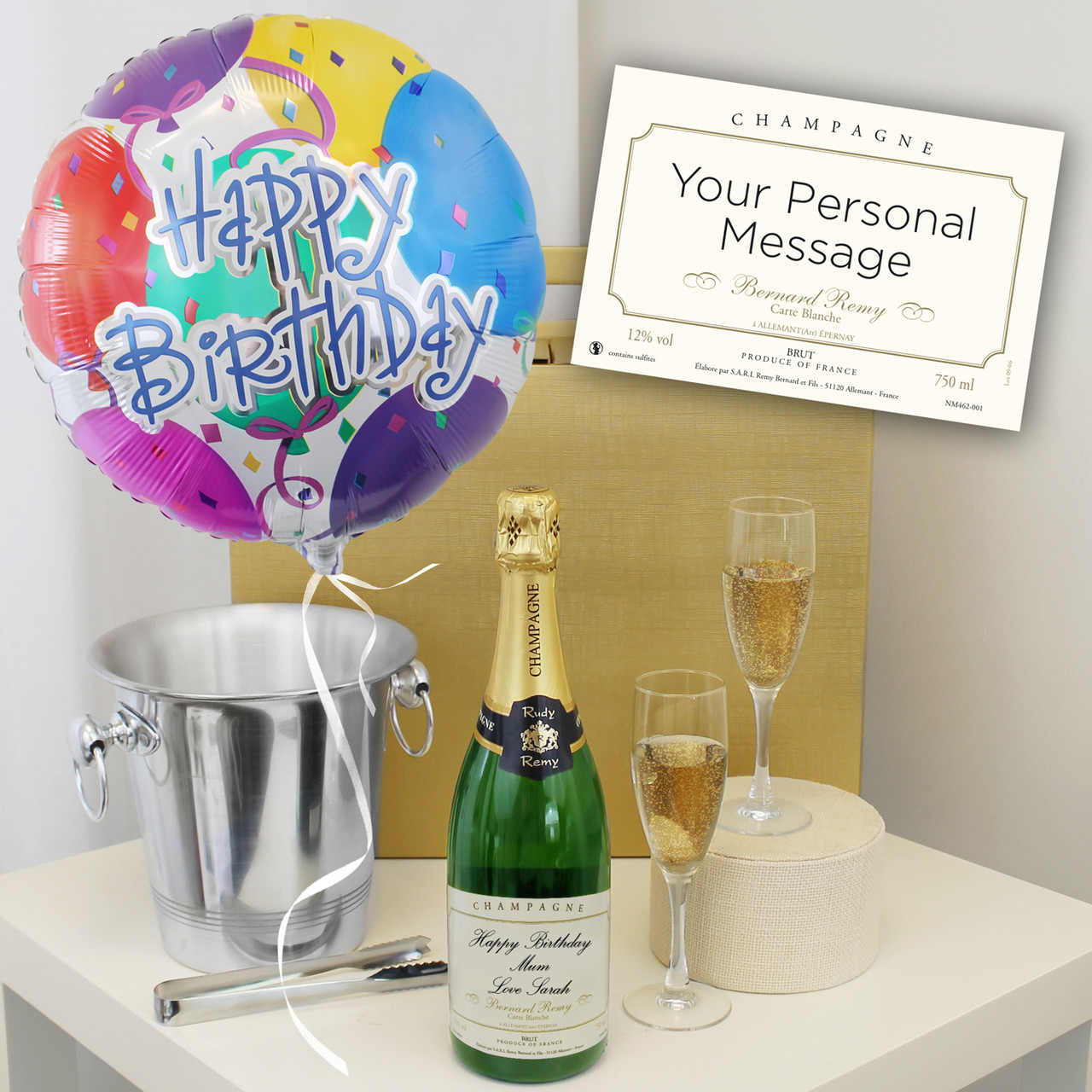 Personalised Champagne with Happy Birthday Balloon